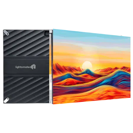 Front view of an indoor LED display panel showing vibrant digital artwork