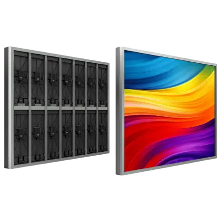 High-resolution LED display panel with colourful abstract wave visuals