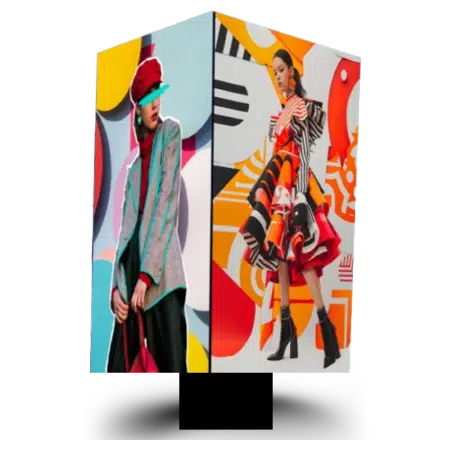 Cube-shaped LED display showing fashion visuals for retail and advertising applications
