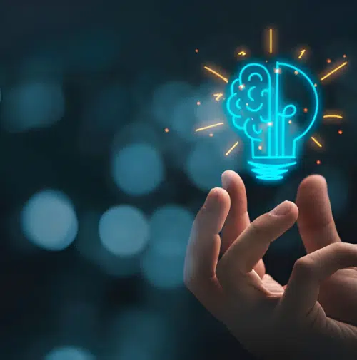 Hand pointing toward a glowing technology icon representing innovation in LED display solutions