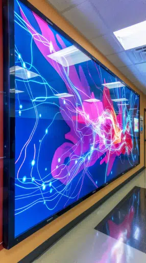 High resolution LED screen wall installation displaying dynamic digital graphics in a modern interior space
