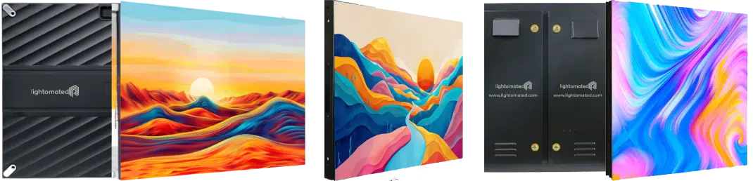 LED video wall panels displayed with vibrant visuals and product modules.