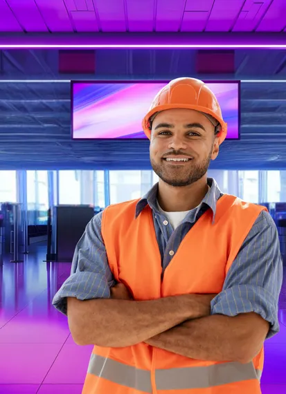 LED maintenance technician wearing safety gear standing in front of a large video wall display