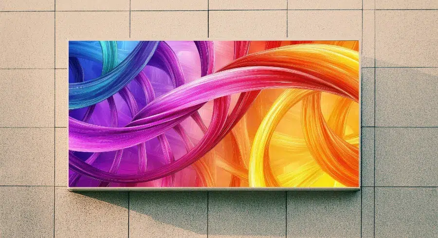 Outdoor LED video wall installed on an exterior tiled wall showing colorful digital display