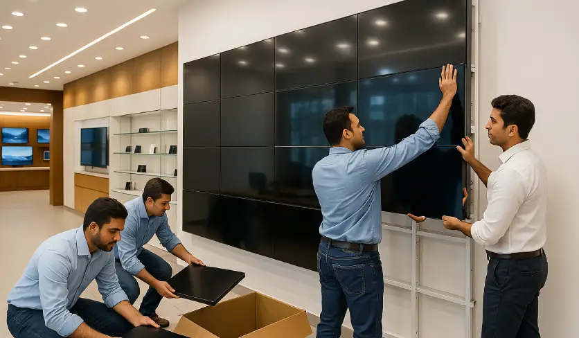 Technicians installing LED video wall panels in a modern control room setup