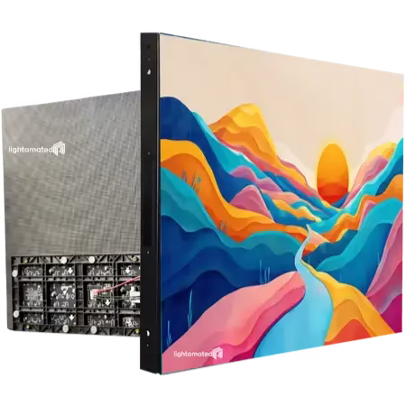 Front view of an assembled LED video wall displaying a colorful abstract landscape with layered shapes in blue, orange, and pink tones.